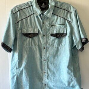 Infringement Shirt L Men Blue Green Western Pocket Short Sleeve Preppy Collar